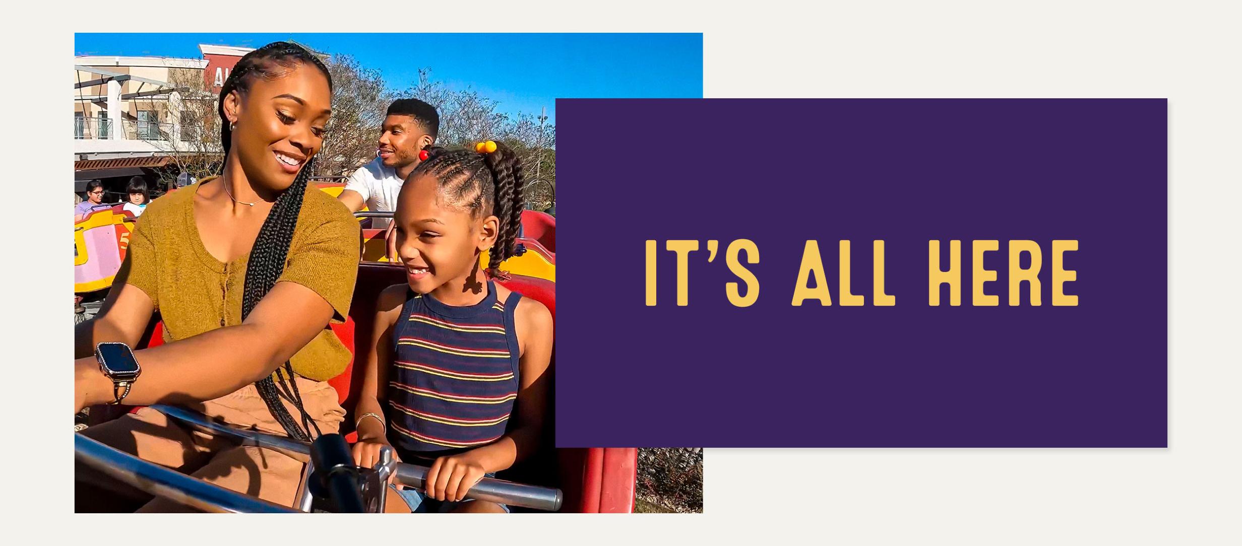 A mother and child enjoying a roller coaster captioned with "It's all here"