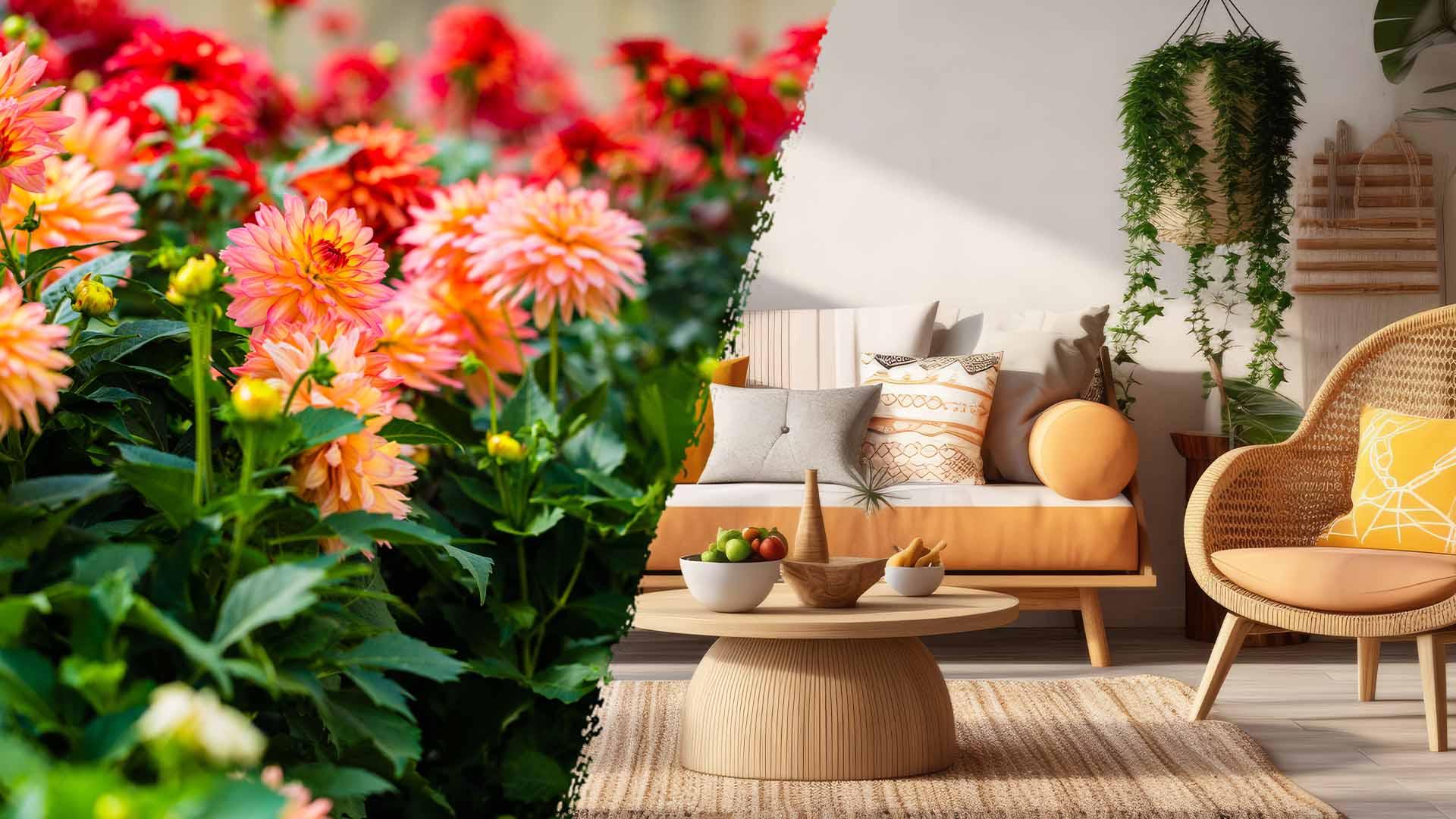 A view split between a vibrant living room and an abundance of colorful flowers