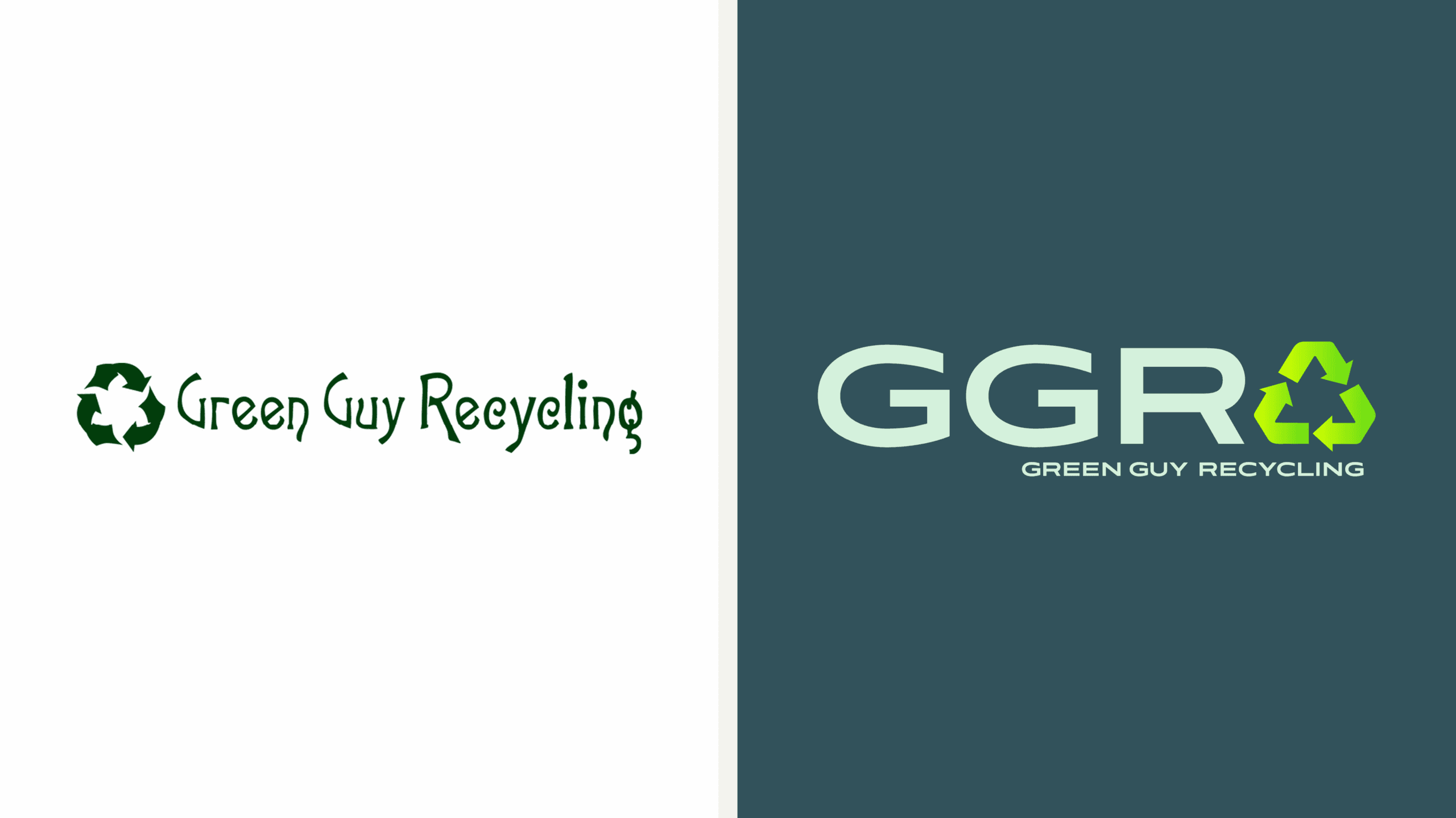 Side-by-side comparison of GGR's old logo with serif font and dark green recycling symbol, and new modernized logo with bold 'GGR' lettering and bright green recycle icon.