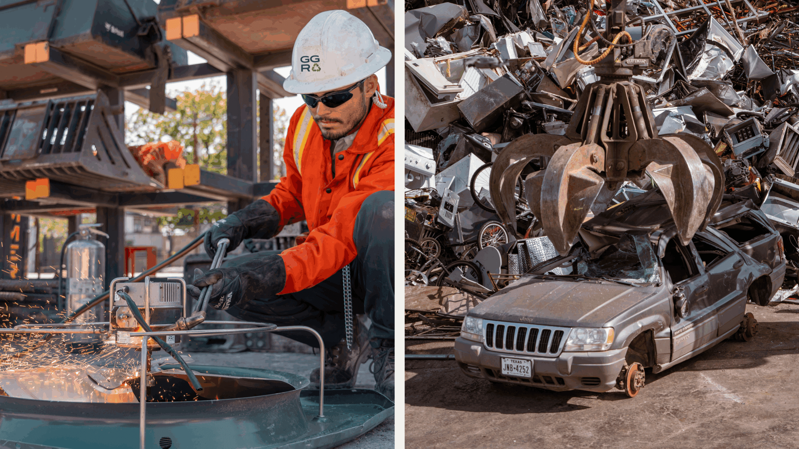 Worker cutting scrap metal with sparks flying on the left; on the right, a hydraulic claw lifting crushed cars and appliances in a scrapyard.