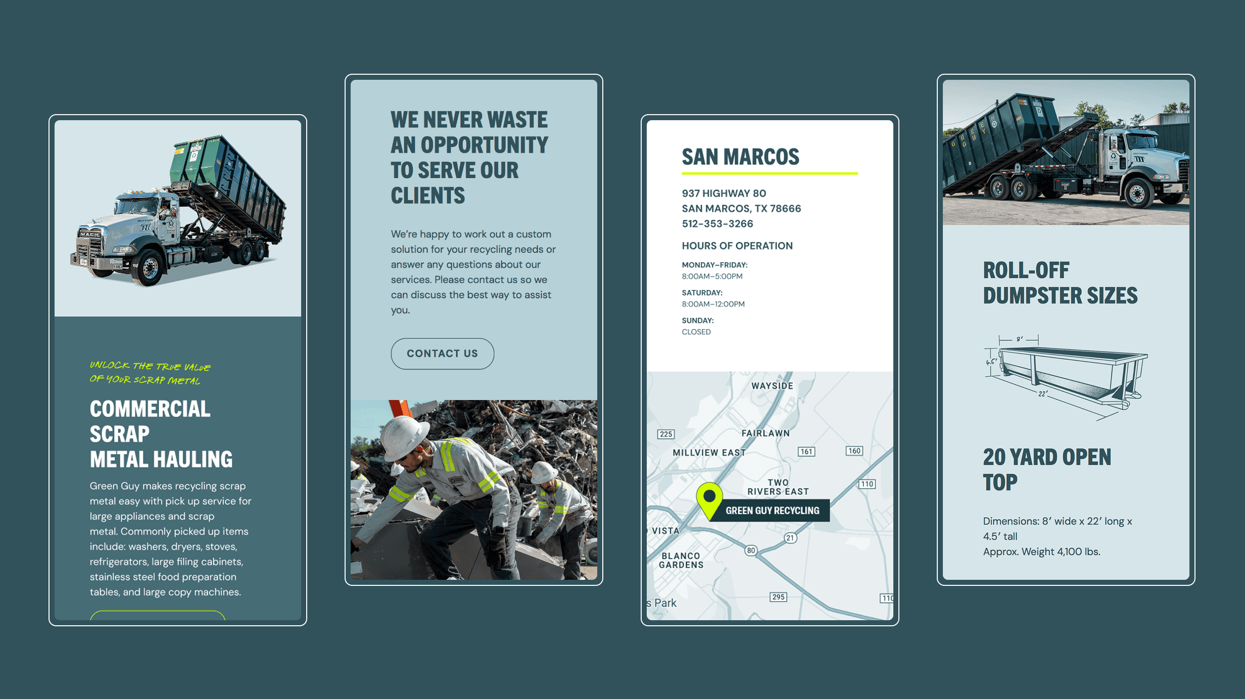 Mobile website design mockups for GGR, showcasing commercial scrap metal hauling services, client contact information, San Marcos location with map and hours, and roll-off dumpster dimensions.