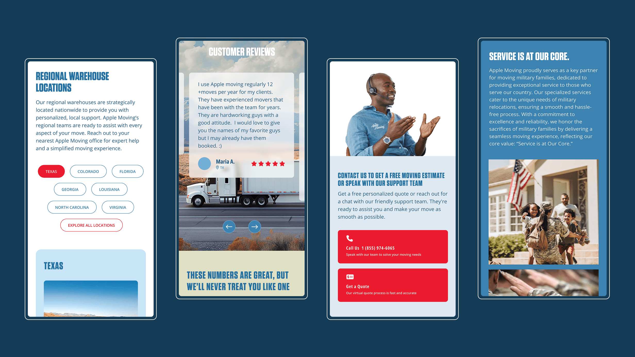 Mobile website design mockups for Apple Moving, showcasing regional warehouse locations, customer reviews, a contact section, and military moves.