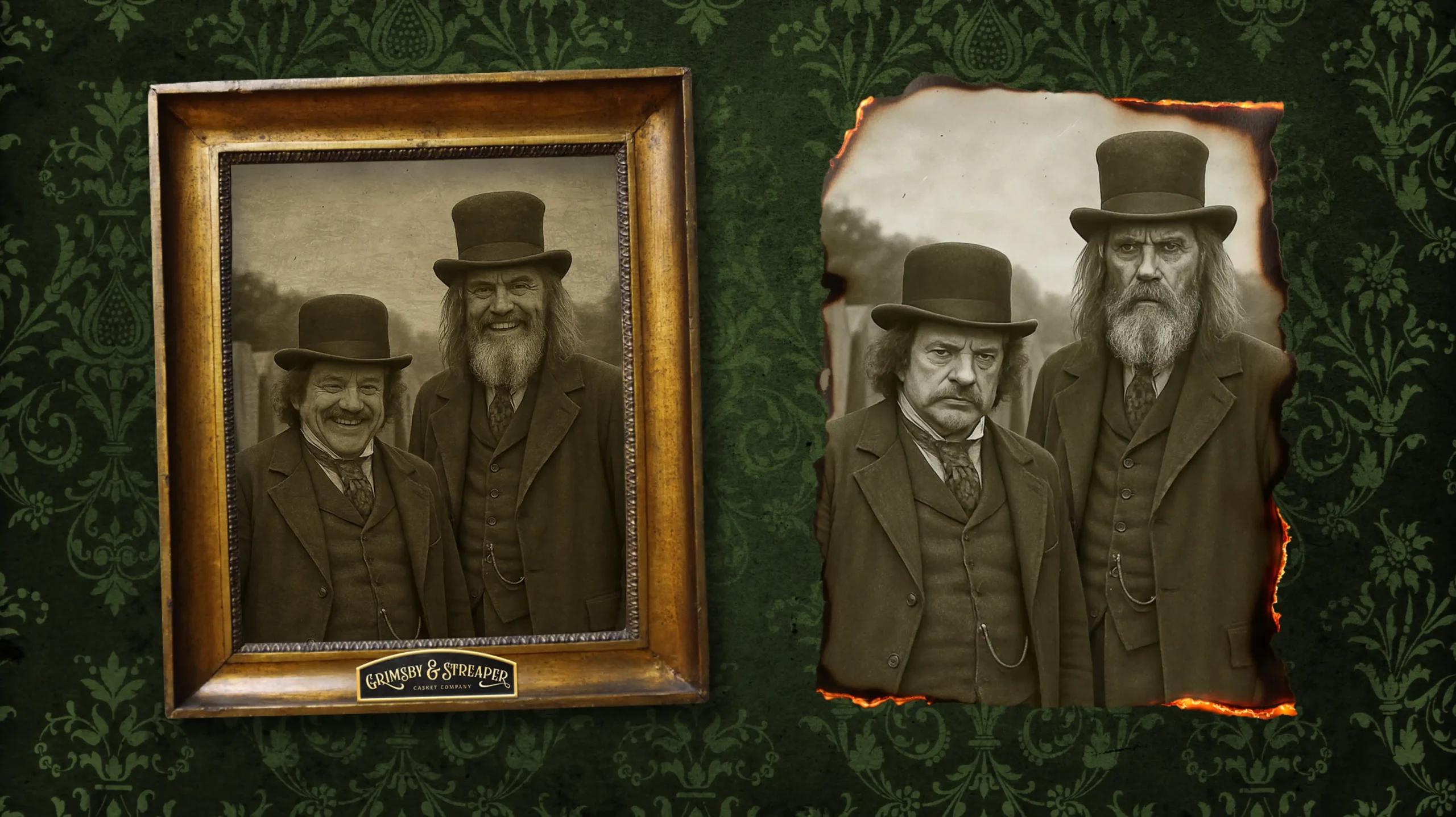 Side-by-side images of the same two Victorian men: one displayed in a gold frame, the other shown on a burnt, torn piece of photo paper, both set against dark green vintage wallpaper.