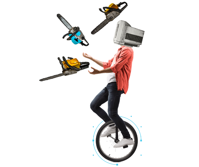 Computer Headed Person Juggling Chainsaws on a Unicycle
