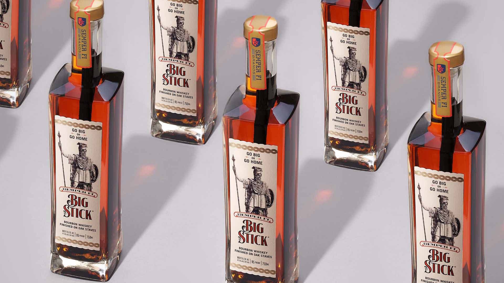 A number of Big Stick branded bourbon bottles