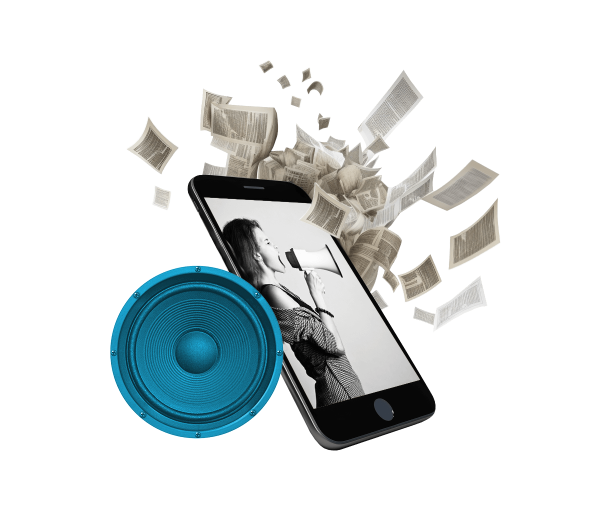 A cell phone surrounded by papers and a speaker