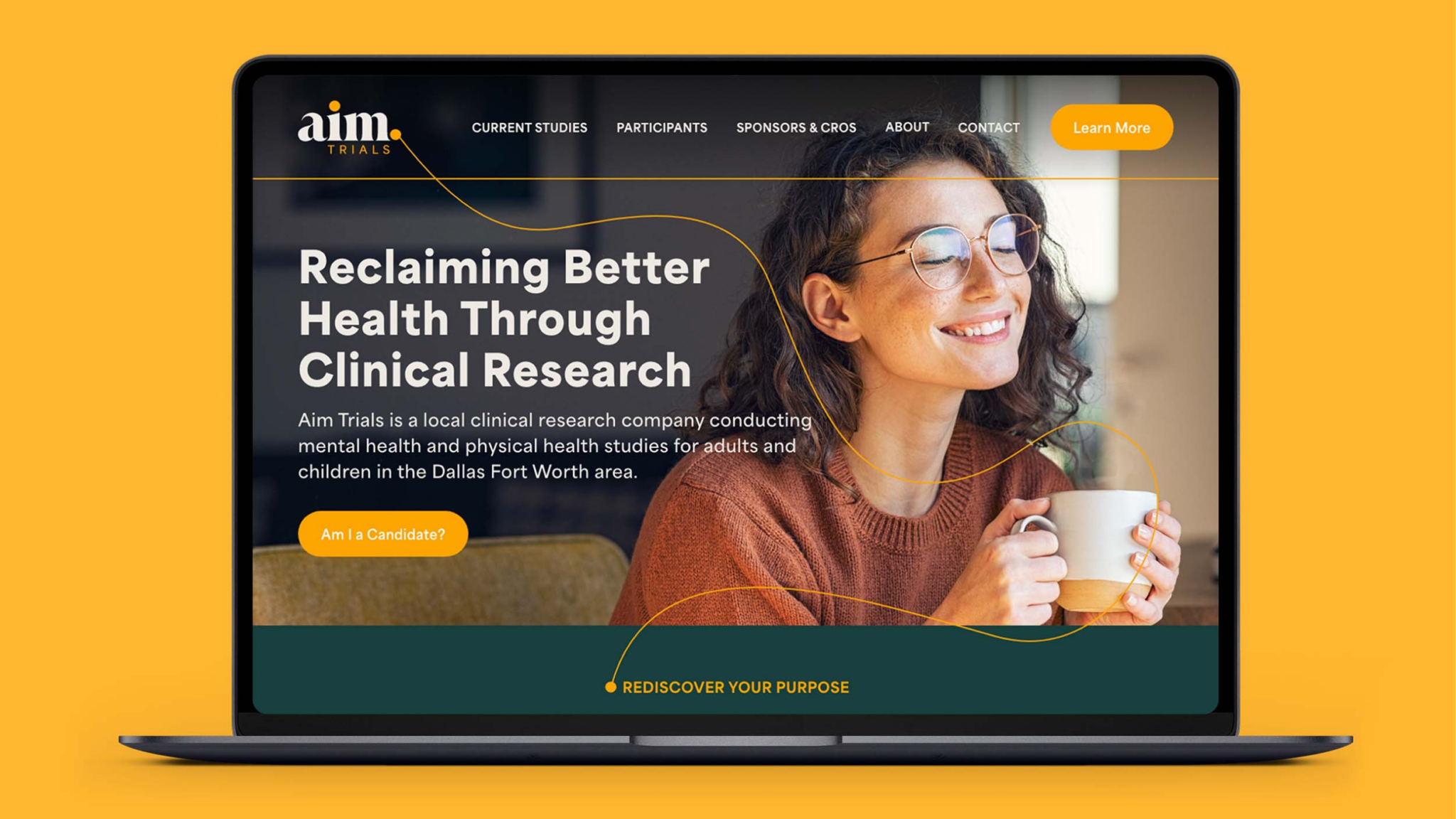 The aim trials landing page on a laptop that shows a woman holding a cup of coffee.