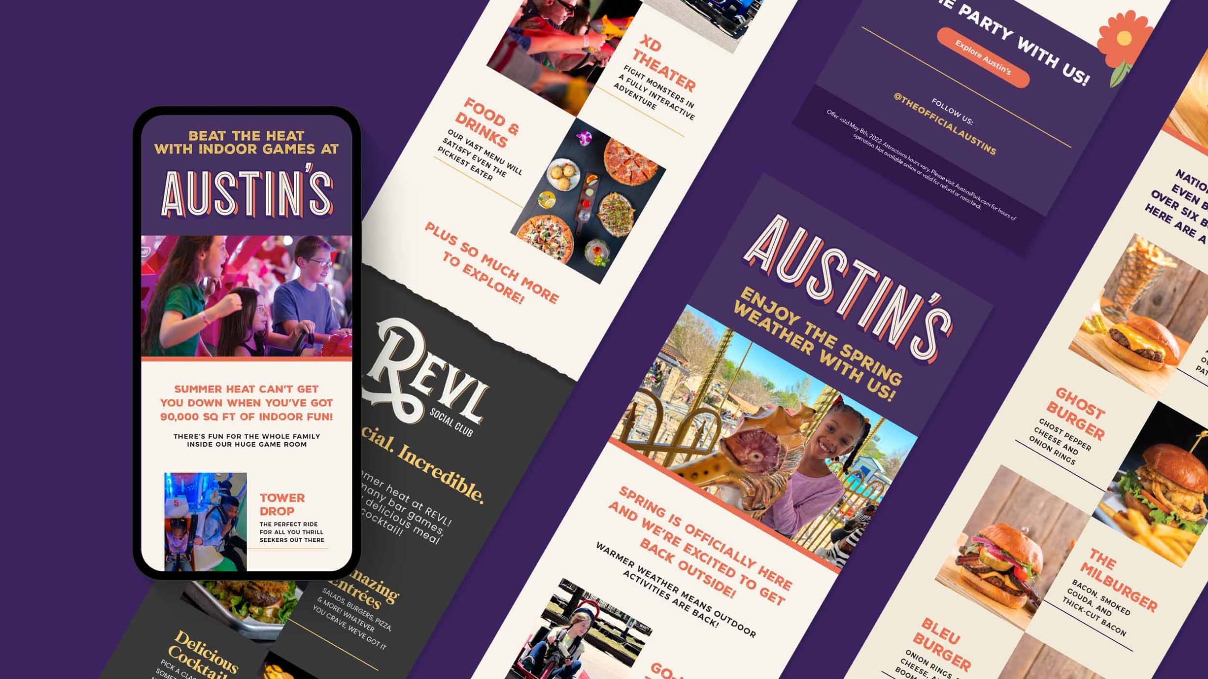 A stylish showcase of the Austin's website mobile screens.