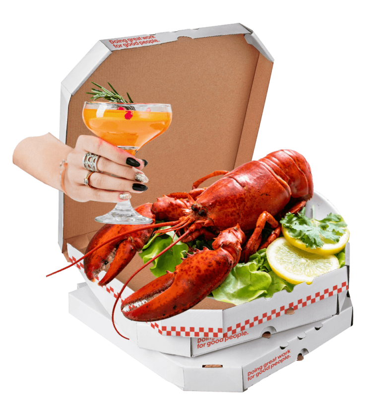 A box with a lobster and a drink in it