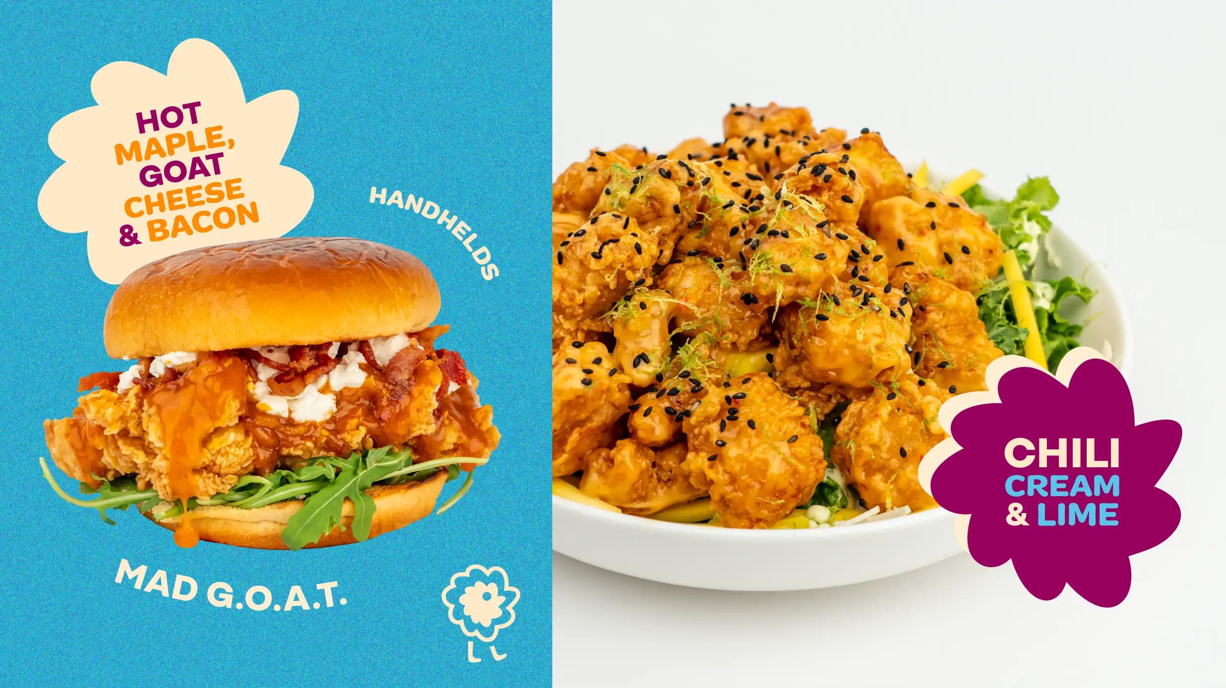 Split image: Green salad topped with crispy fried chicken and the MAD G.O.A.T chicken sandwich
