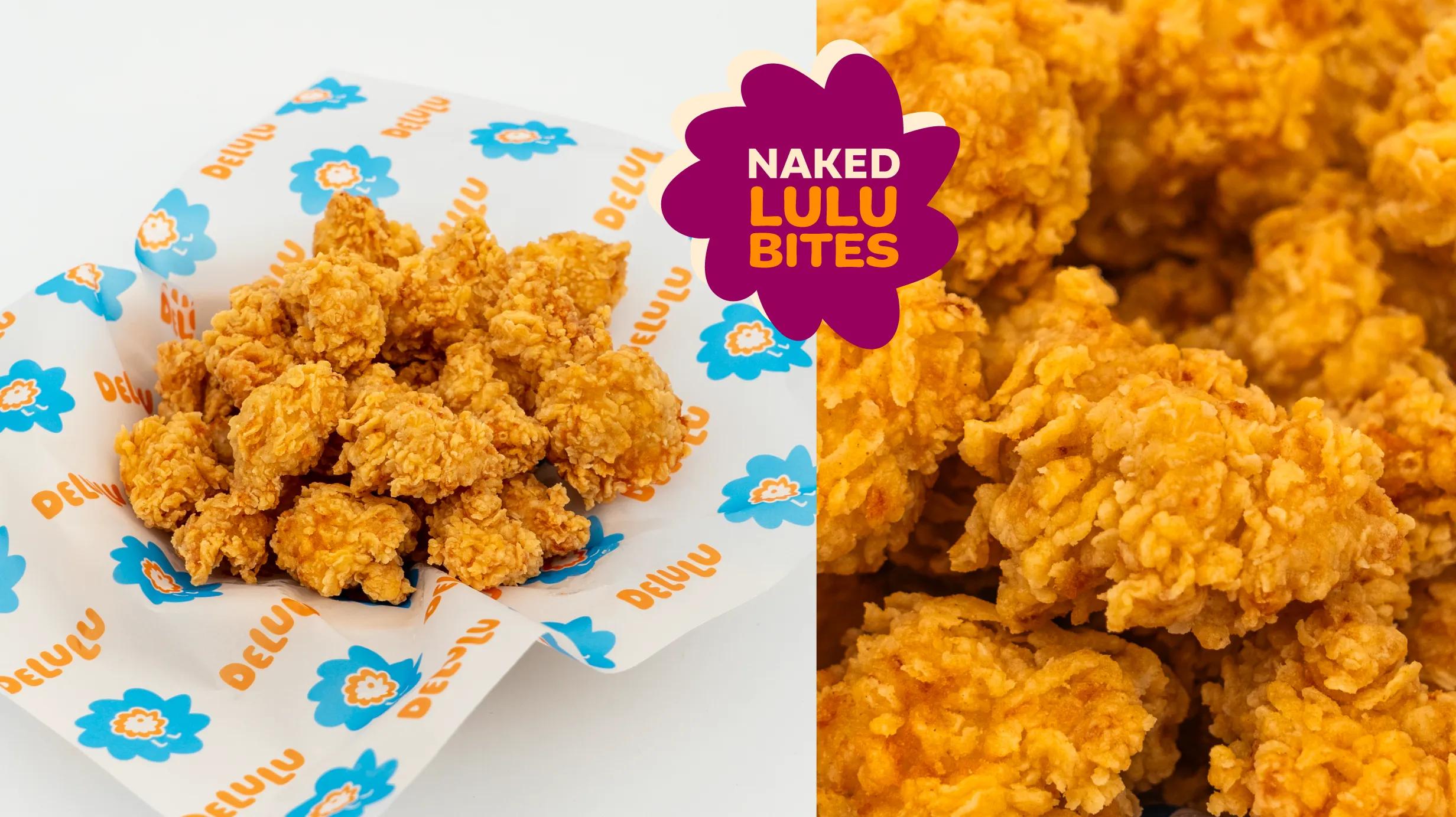 Split screen: A basket of fried chicken LULU bites and a close-up texture shot of the bites.