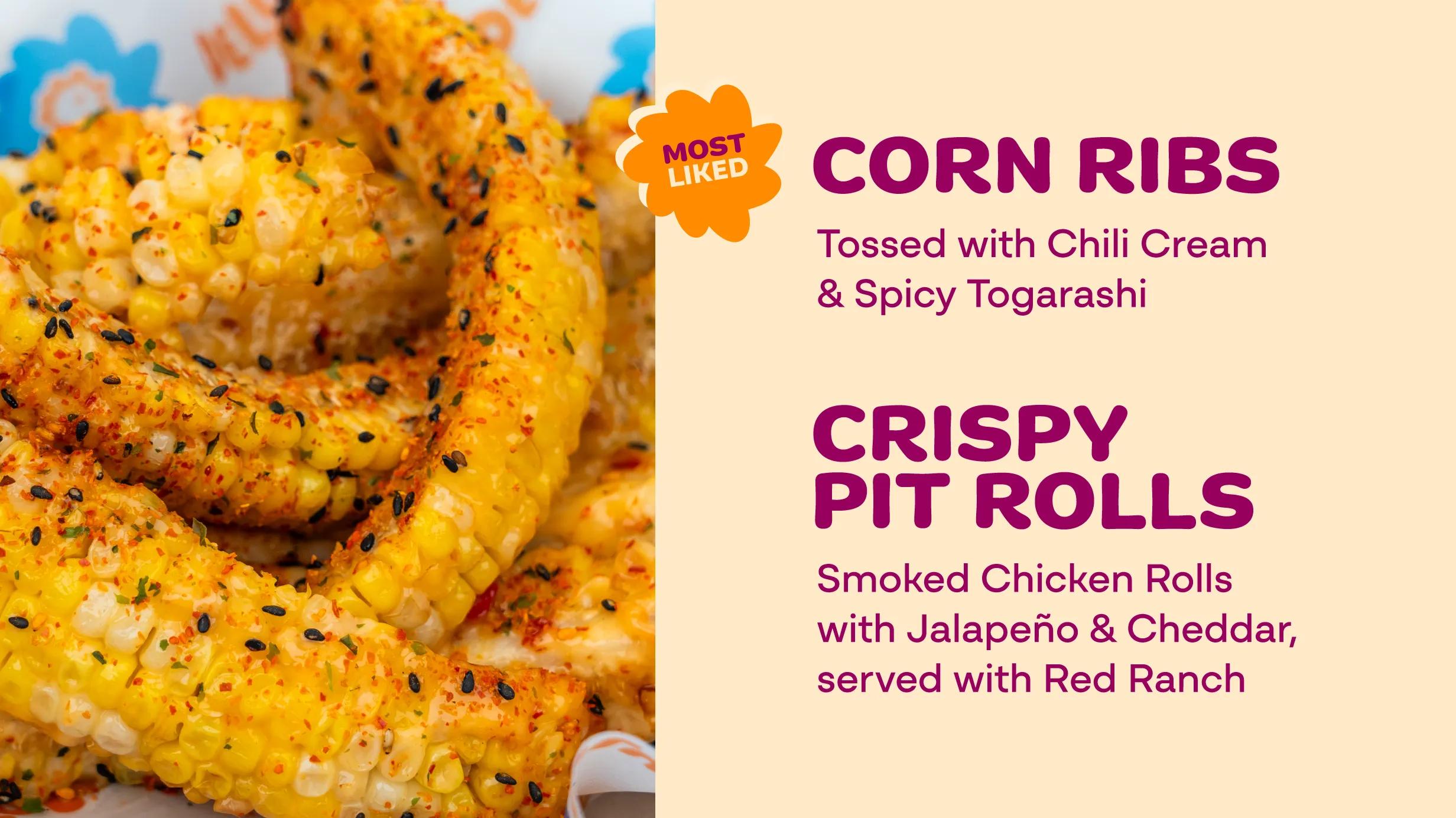 Food menu mockup next to an image of seasoned Corn Ribs.