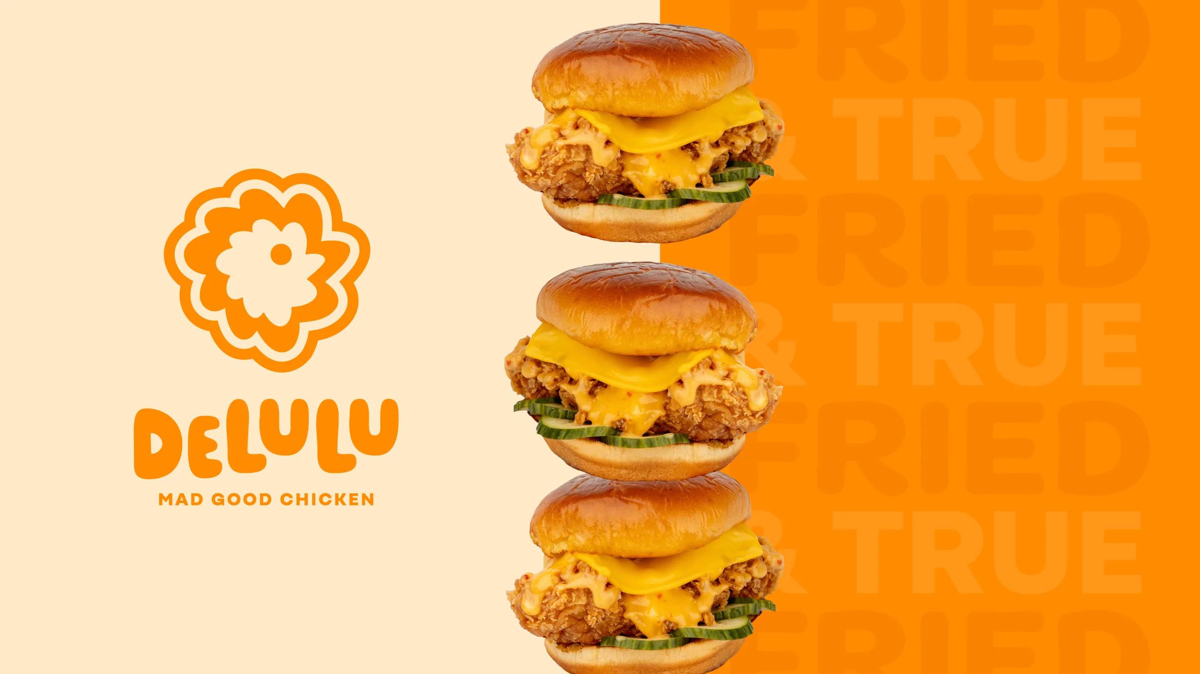 Fried chicken sandwiches on graphic background next to Delulu logo.